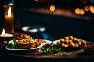 a table with food and candles on it. AI-Generated photo