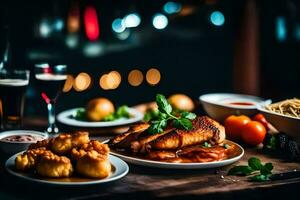 un mesa con comida y bebidas en él. generado por ai foto