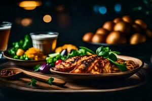 grilled chicken with pasta and vegetables on a wooden plate. AI-Generated photo