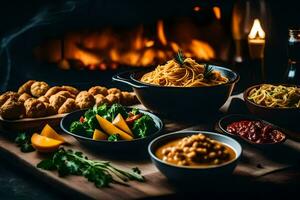 a table with bowls of food and a fire. AI-Generated photo