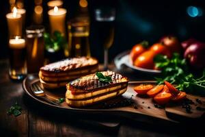 comida en un de madera mesa con velas y Tomates. generado por ai foto