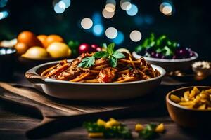 pasta with meat and vegetables in a bowl on a wooden table. AI-Generated photo