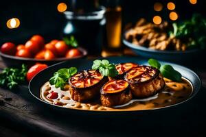 grilled scallops with sauce and vegetables on a plate. AI-Generated photo