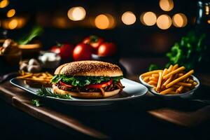 un hamburguesa y papas fritas en un lámina. generado por ai foto