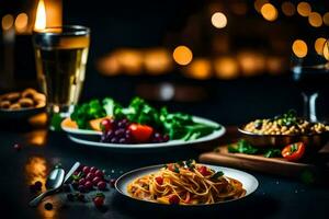 a table with pasta, vegetables and wine. AI-Generated photo