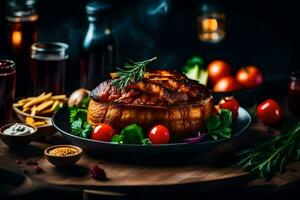 a large piece of meat on a plate with vegetables. AI-Generated photo