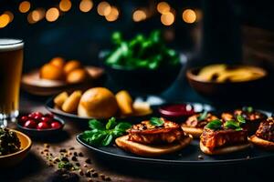 comida y bebida en un mesa. generado por ai foto