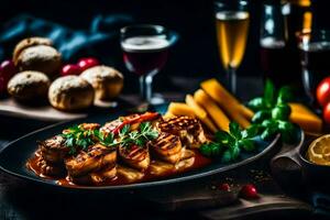 grilled chicken breast with vegetables and sauce on a black plate. AI-Generated photo