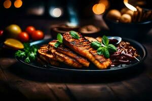 grilled salmon on a black plate with sauce and vegetables. AI-Generated photo