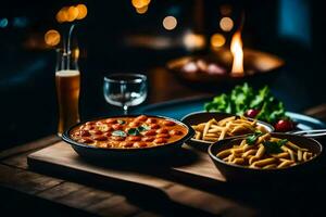 el comida es servido en un de madera mesa con un vaso de vino. generado por ai foto