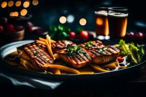 grilled salmon with vegetables and beer. AI-Generated photo