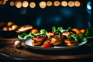 food on a plate with lights in the background. AI-Generated photo