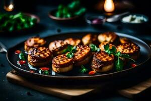 un plato de vieiras con hierbas y vegetales. generado por ai foto