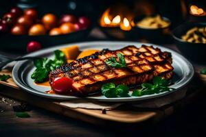 grilled salmon on a plate with vegetables and spices. AI-Generated photo