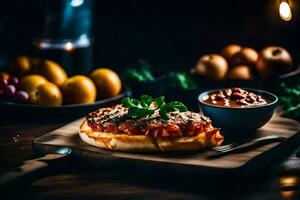 el comida es servido en un de madera tablero con un de madera cuchara y un cuenco de salsa. generado por ai foto