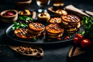 A la parrilla queso emparedados en un negro lámina. generado por ai foto