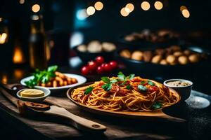 spaghetti with meatballs and sauce on a wooden table. AI-Generated photo