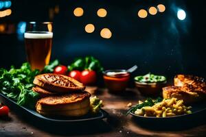 food and drink on a wooden table. AI-Generated photo