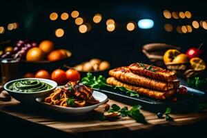 food on a table with lights in the background. AI-Generated photo