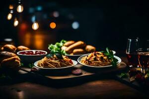 un mesa con pasta, un pan y vino. generado por ai foto