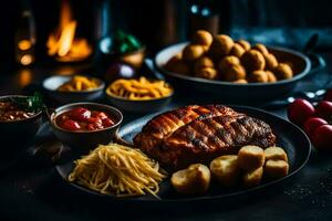 A la parrilla Cerdo labios, patatas y otro comida en un mesa. generado por ai foto