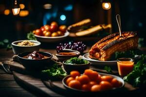 un mesa con varios comidas incluso carne, vegetales y salsas generado por ai foto