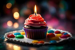 a cupcake with a lit candle on a plate. AI-Generated photo