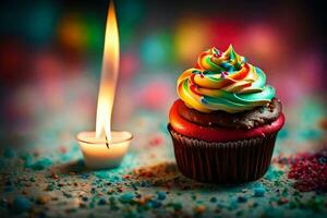 a cupcake with rainbow icing and a candle. AI-Generated photo