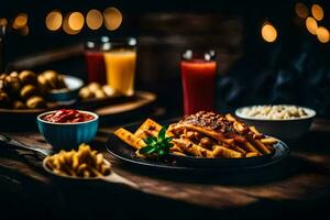 a plate of food with waffles, fries and ketchup. AI-Generated photo