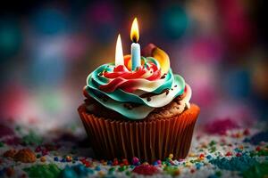 a cupcake with a lit candle on top of a table. AI-Generated photo