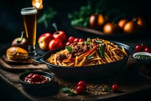 spaghetti with meat and sauce in a black pan on a wooden table. AI-Generated photo