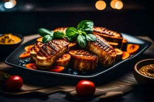 A la parrilla salmón en un negro plato con Tomates y albahaca. generado por ai foto