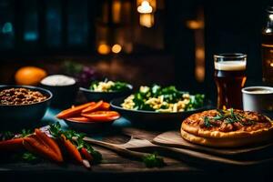 un mesa con comida y cerveza. generado por ai foto