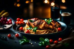 pollo con pasta y Cereza Tomates en un negro antecedentes. generado por ai foto