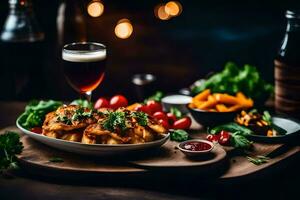 un plato de comida con cerveza y vegetales. generado por ai foto