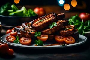 grilled pork chops with tomatoes and vegetables. AI-Generated photo