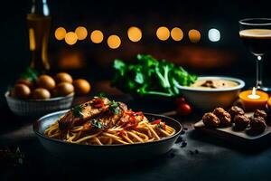 un plato de pasta con carne y vegetales en un mesa. generado por ai foto