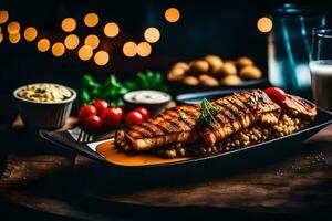 grilled fish with couscous and vegetables on a wooden table. AI-Generated photo