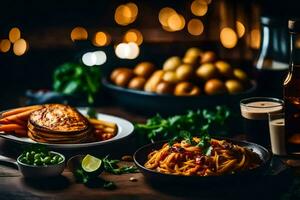 un mesa con comida y bebidas en él. generado por ai foto