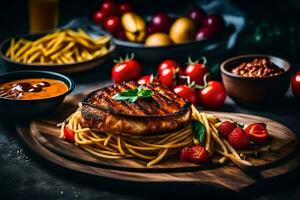 grilled steak with pasta and sauce on a wooden board. AI-Generated photo