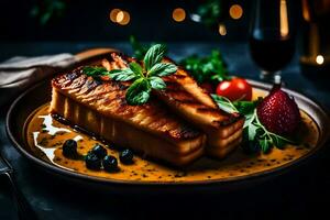 grilled salmon on a plate with sauce and berries. AI-Generated photo