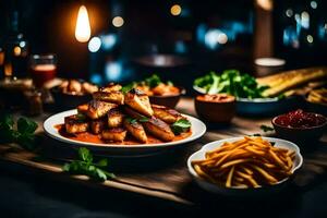 plates of food on a table with candles. AI-Generated photo