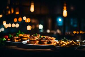 plates of food on a table with lights in the background. AI-Generated photo