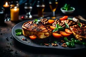 grilled pork chops with vegetables and nuts on a black plate. AI-Generated photo