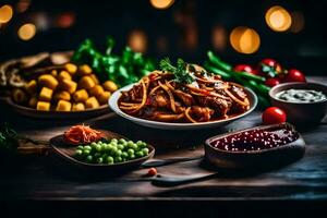 a variety of food on a wooden table. AI-Generated photo