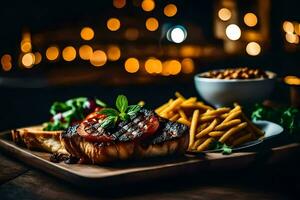 A la parrilla filete y francés papas fritas en un de madera mesa. generado por ai foto