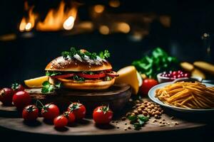 a hamburger and other food on a table. AI-Generated photo