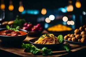 a table with pasta, meatballs and vegetables. AI-Generated photo