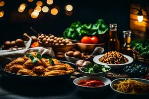 the food is arranged on a table with lights in the background. AI-Generated photo