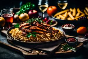 a plate of spaghetti with meat and vegetables on a table. AI-Generated photo